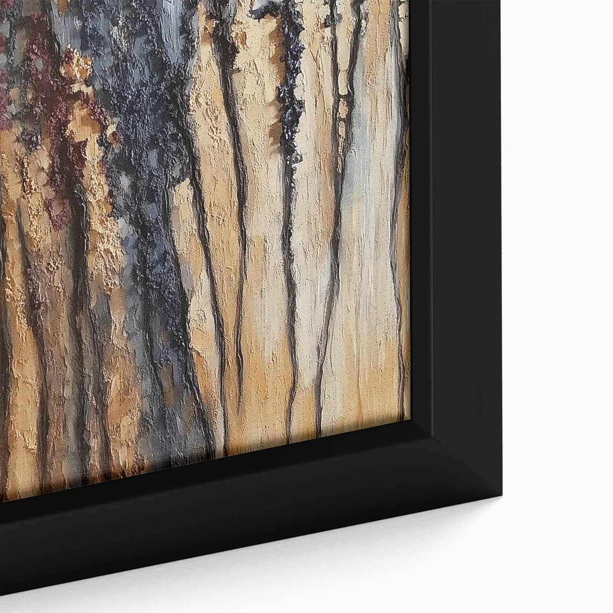 Close-up of a vibrant abstract floral framed canvas art piece, showcasing intricate designs in hues of blue, pink, and green, enhancing modern decor.