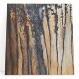 Abstract floral design on a stretched canvas, featuring vibrant colors and intricate patterns, elegantly leaning against a neutral wall, perfect for modern home decor.