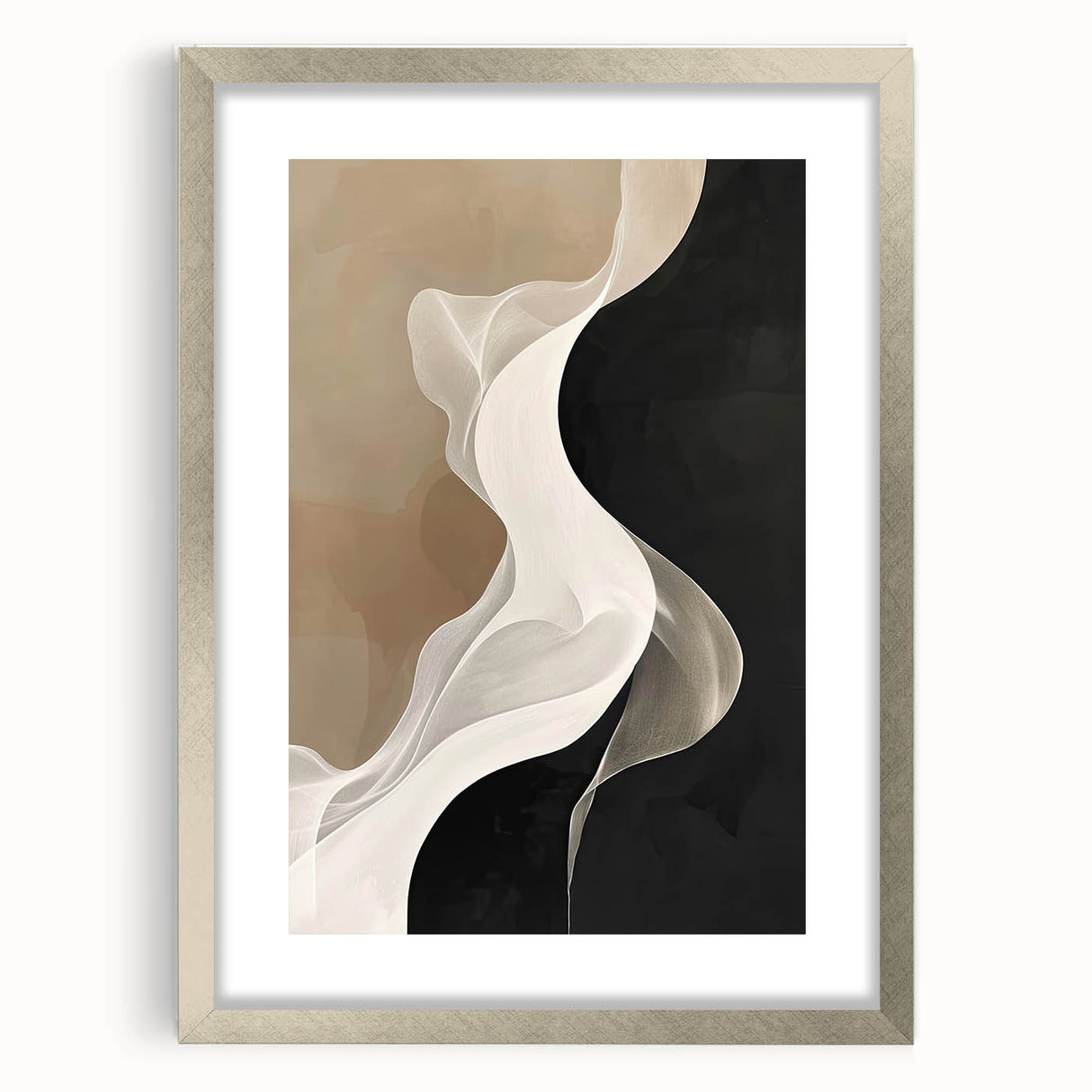 Abstract minimalist wall art framed in silver, showcasing subtle geometric patterns and soft color gradients, perfect for modern home decor.
