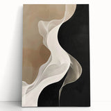 Abstract minimalist wall art on stretched canvas, featuring soft pastel colors and geometric shapes, leaning against a light-colored wall, perfect for modern decor.