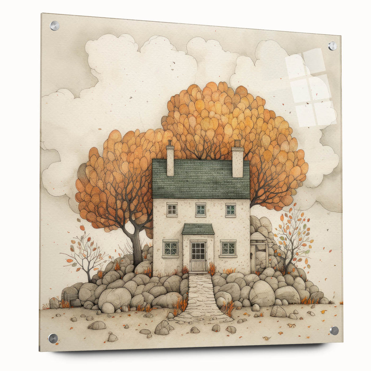 Large abstract wall art depicting fall colors on acrylic glass, ideal for bedroom or dining room decor.