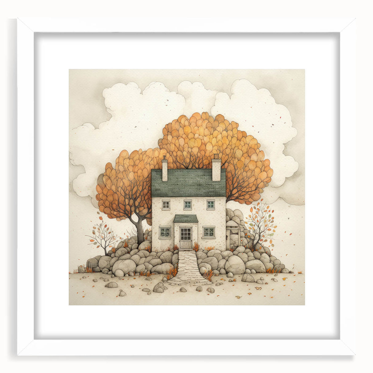 Abstract art print depicting autumnal hues on a white framed canvas, suitable for bedroom or dining room decor.