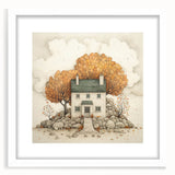 Abstract art print depicting autumnal hues on a white framed canvas, suitable for bedroom or dining room decor.