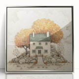 Mid-century modernist art of autumn trees in orange and brown hues, framed acrylic print, suitable for nursery wall art.