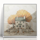 Art deco poster featuring a stylized autumn tree in bold orange hues, framed in white acrylic, ideal for nursery wall art.