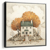 Black and white framed canvas of a vintage landscape painting, ideal for bedroom wall art.