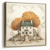 Framed canvas featuring a vintage landscape painting of autumn trees in silver and gold tones, ideal for bedroom wall decor.