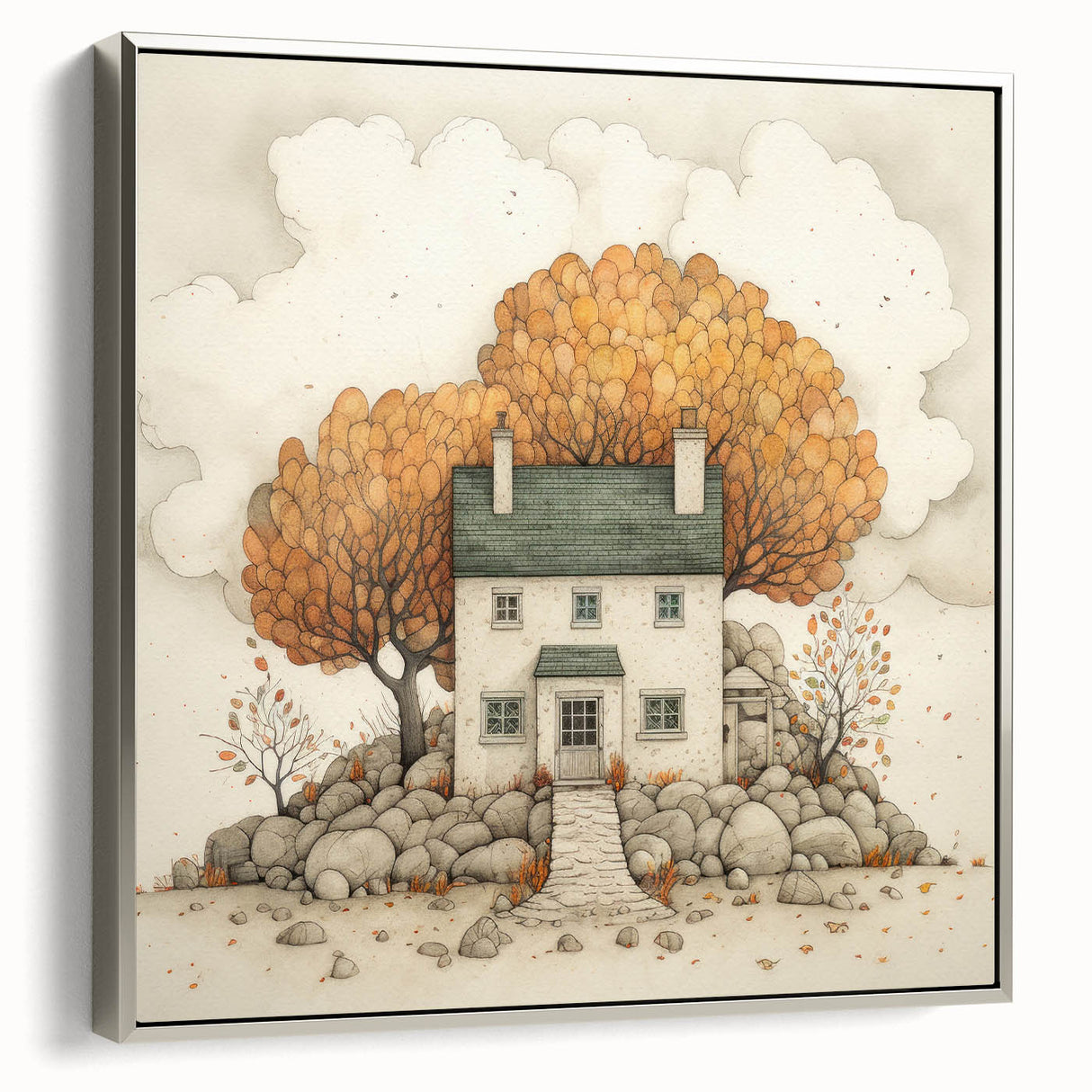 Landscape art painting of autumn trees on framed canvas, with vibrant orange and yellow foliage against a black background.