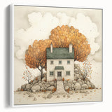 Vintage poster art of autumn trees in vibrant oranges and reds, framed canvas, ideal for living room decor.