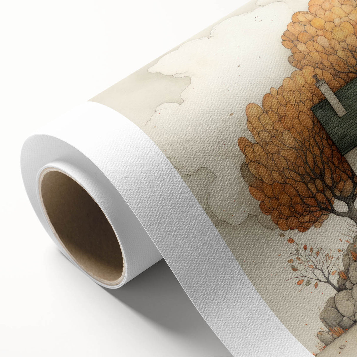 Art Deco poster of an autumnal scene with warm orange and brown tones on rolled canvas, suitable for nursery wall art.