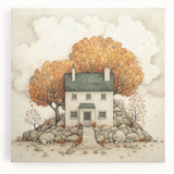 Black and white abstract depiction of autumn trees on large stretched canvas, ideal for kitchen wall art.