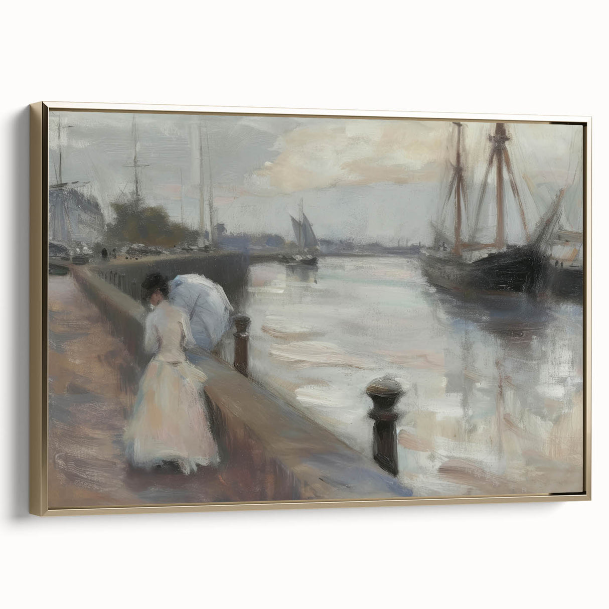 Abstract figurative framed canvas art with a gold frame, showcasing vibrant colors and dynamic shapes, perfect for modern home decor. Side view highlights its elegant design.