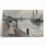 Abstract figurative stretched canvas art piece featuring vibrant colors and dynamic shapes, leaning against a neutral wall, ideal for modern home decor.