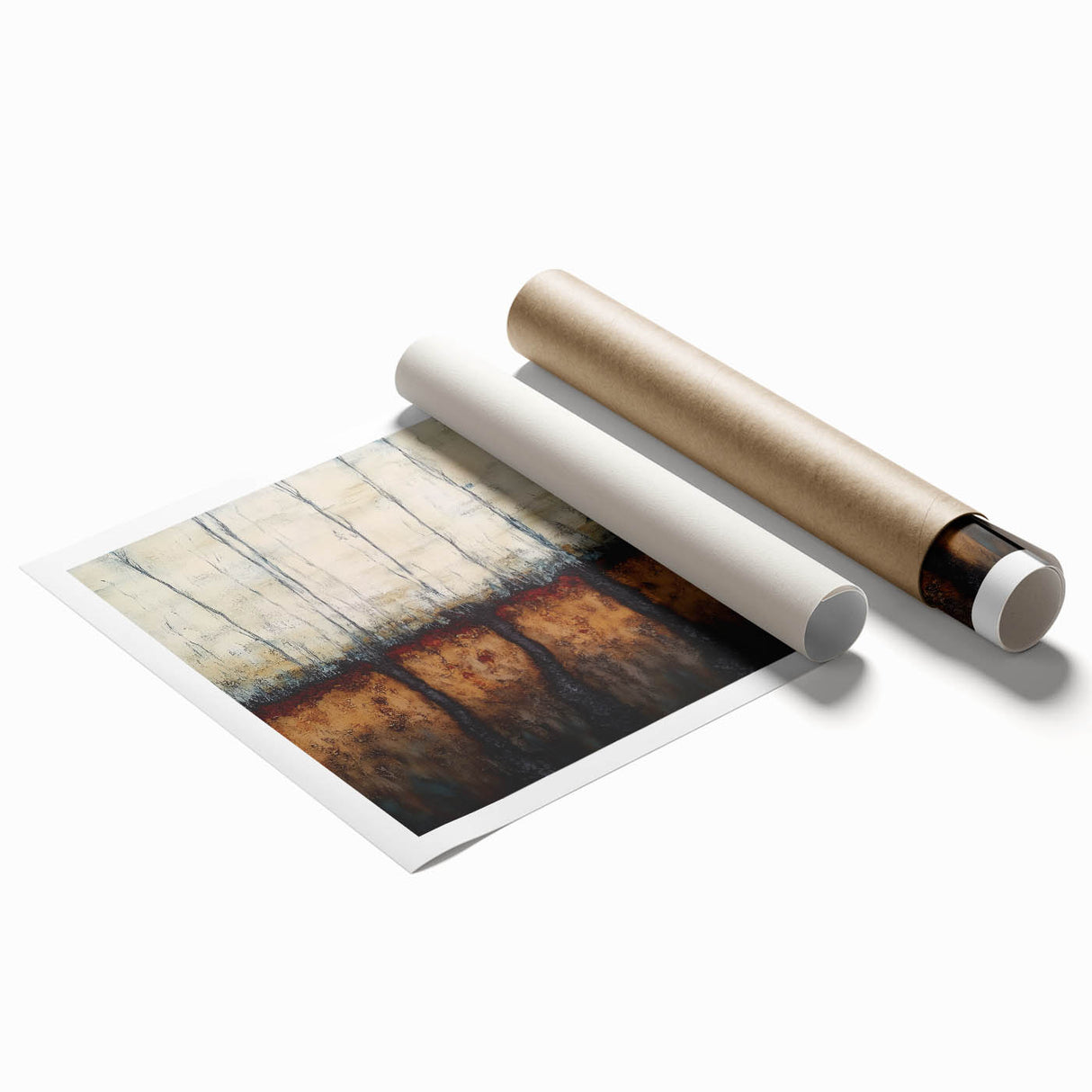 Abstract floral design print on rolled canvas, showcasing vibrant colors and intricate patterns, ideal for home decor or artistic displays, securely packaged in a protective tube.