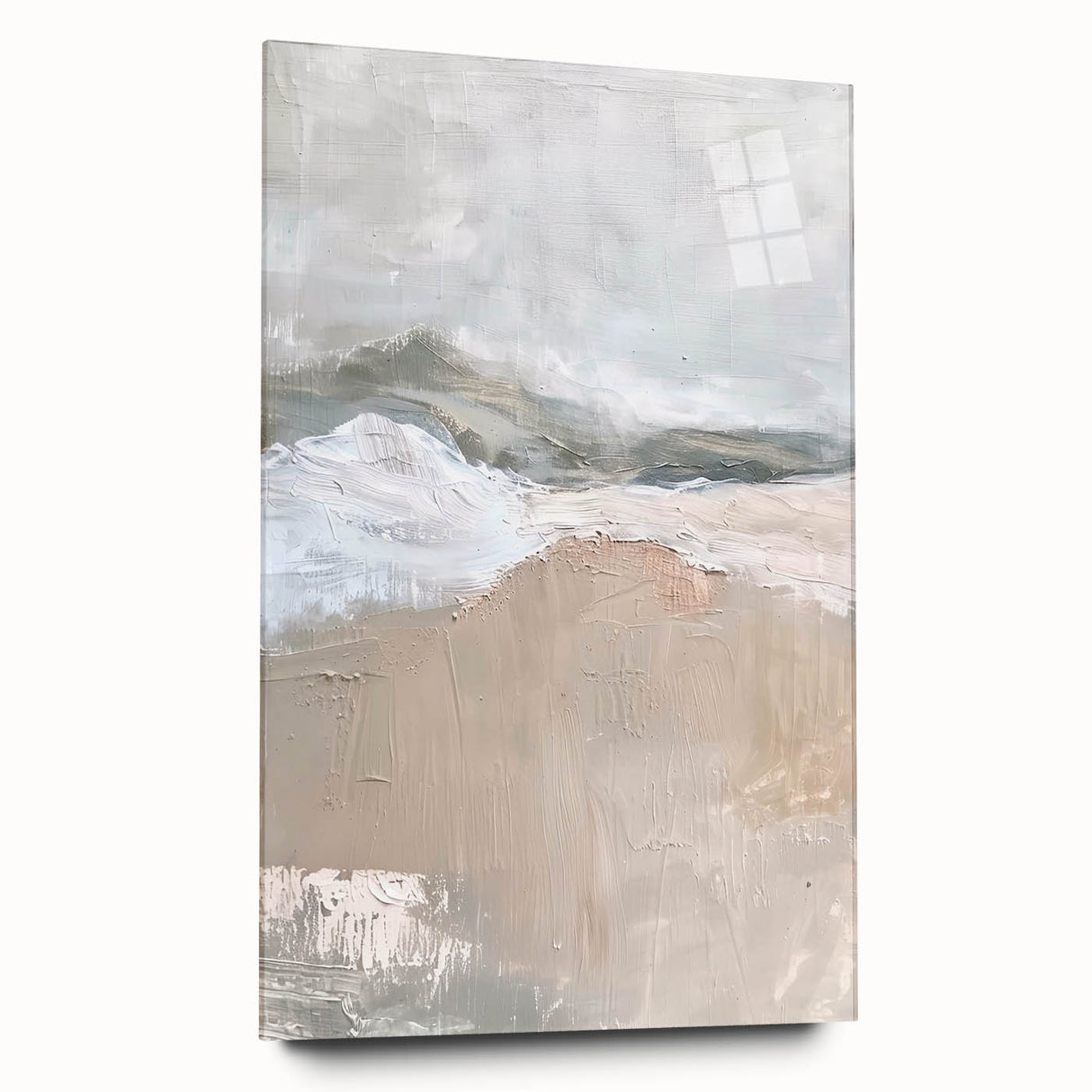 Acrylic glass wall art featuring an abstract minimalist design, showcased from a side view, emphasizing its sleek lines and vibrant colors. Perfect for contemporary decor.