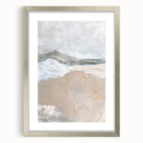 Abstract minimalist wall art framed in silver with a white mat, showcasing geometric shapes and soft colors, ideal for modern home decor.