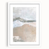 Abstract minimalist wall art framed in white, showcasing geometric shapes and soft colors, perfect for modern home decor or office spaces.