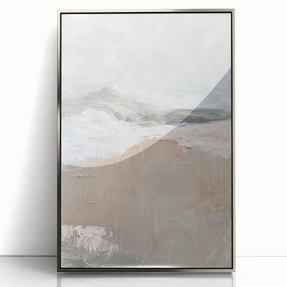 Framed abstract minimalist wall art in silver acrylic, showcasing elegant geometric patterns and a sleek modern design, perfect for contemporary home decor.