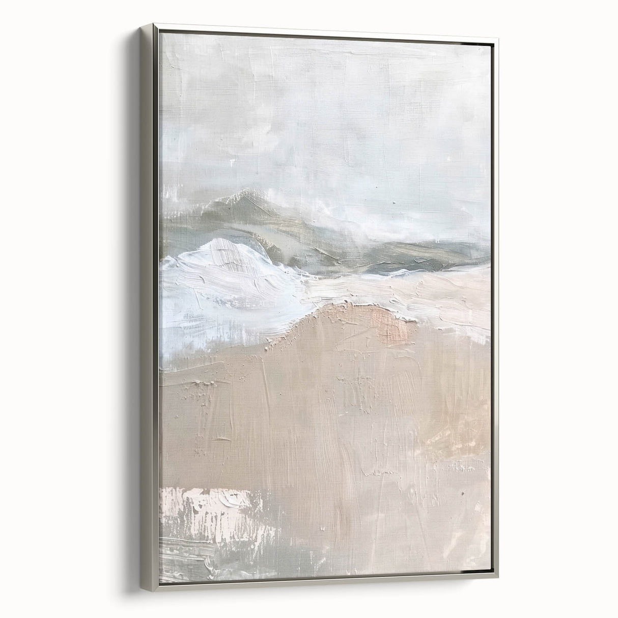 Framed abstract minimalist wall art in silver, showcasing a sleek design with soft curves and geometric shapes, perfect for modern decor aesthetics. The artwork enhances contemporary interiors with its elegant color palette and sophisticated finish.