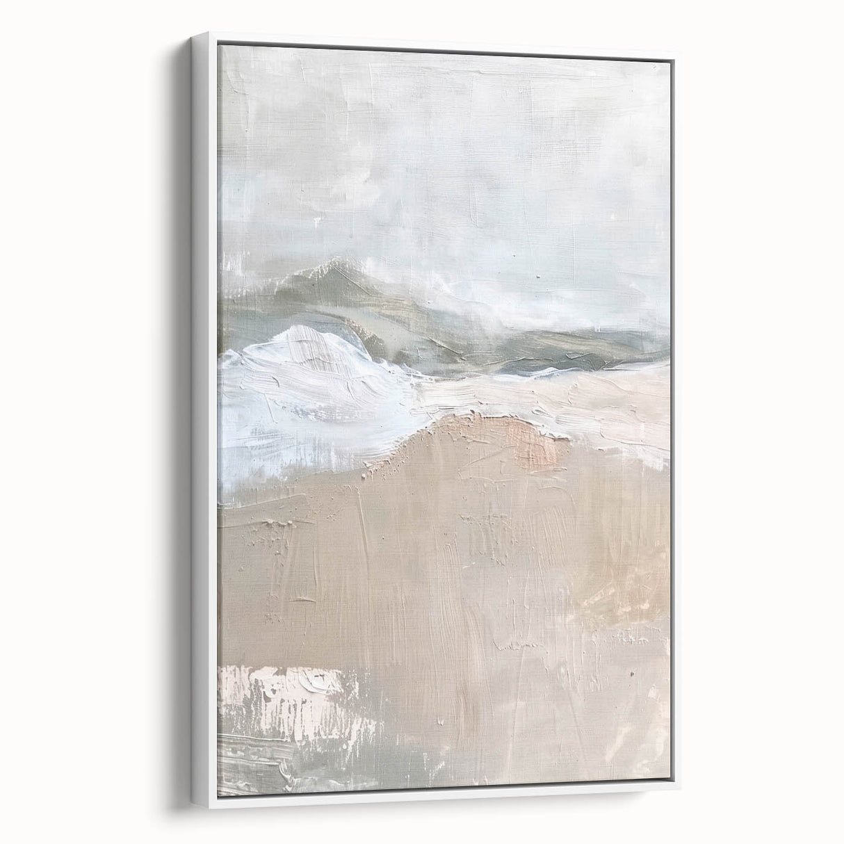 Abstract minimalist wall art design in a sleek white frame, showcasing soft geometric shapes and muted colors, perfect for modern home decor accents.