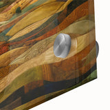 Large abstract wall art in warm autumn hues on acrylic glass, ideal for dining room art in a mid-century modernist style.