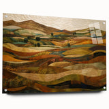 Large abstract wall art on acrylic glass, featuring swirling autumn hues, ideal for bedroom or dining room decor.