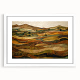 Abstract art print featuring swirling autumnal hues in a white frame, suitable for bedroom or dining room decor.