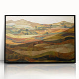 Large abstract wall art depicting autumnal trees in warm orange tones, framed in black acrylic.