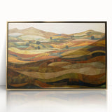 Framed acrylic print of a mid-century modernist autumn scene in warm gold and orange tones, ideal for modern art wall decor.