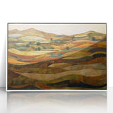 Art deco poster of autumn trees in orange and yellow hues, framed in white acrylic, suitable for nursery wall art.