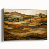Framed canvas depicting a vintage-style landscape with autumn trees in vibrant hues, ideal for living room decor.
