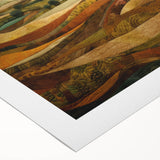 Art deco poster of a stylized autumn landscape on rolled canvas, featuring warm orange and brown tones.
