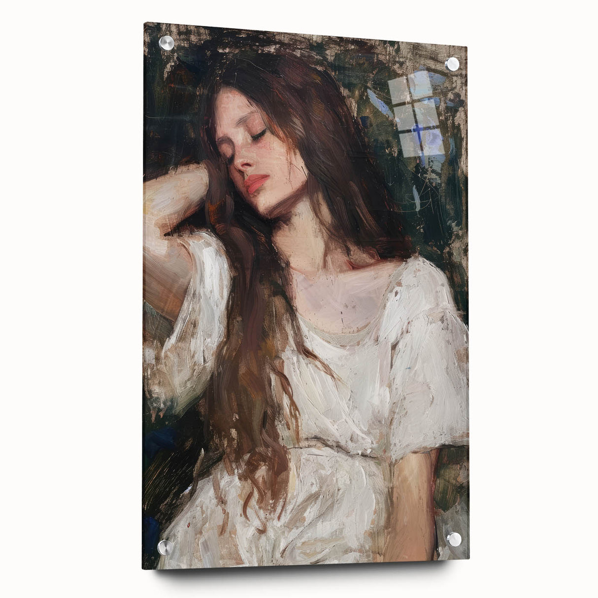 Abstract figurative acrylic artwork displayed in a glass frame, showcasing vibrant colors and intricate patterns, ideal for modern home decor and artistic spaces.