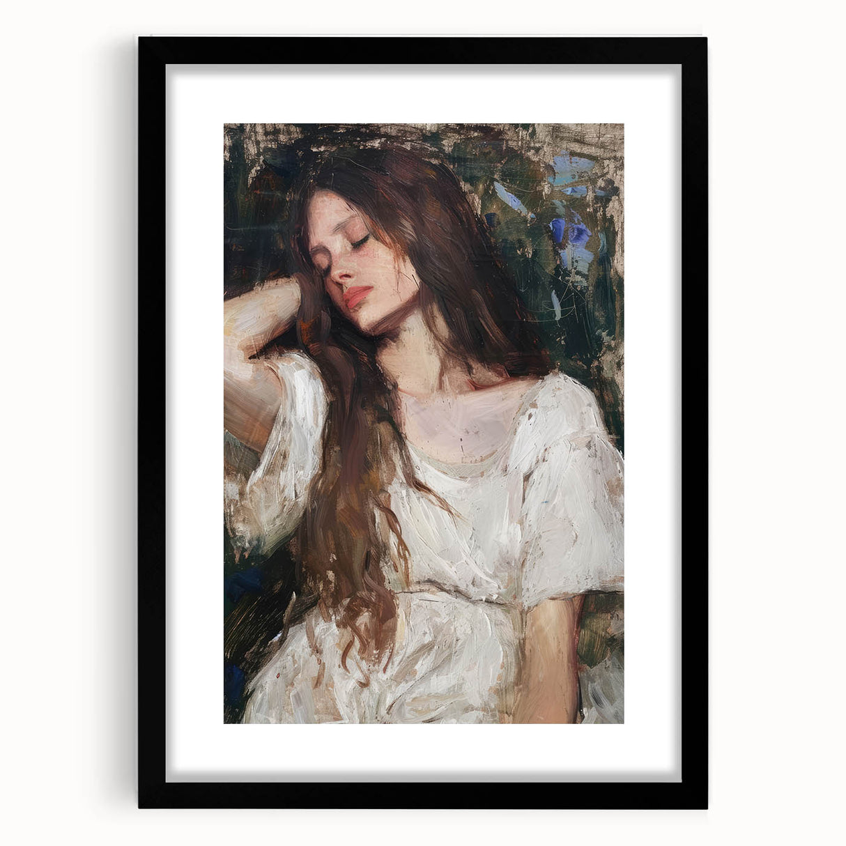 Abstract figurative wall art framed in a sleek black mat, showcasing intricate designs and vibrant colors, perfect for modern home decor or art enthusiasts.