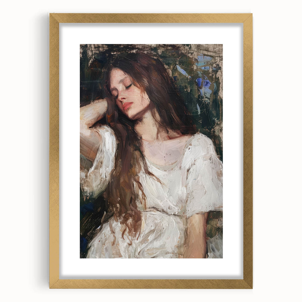 Abstract figurative framed artwork with a gold mat, showcasing intricate designs and vibrant colors, perfect for modern home decor or gallery displays.