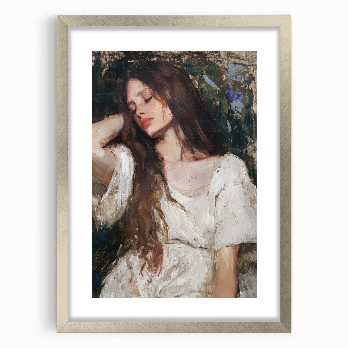 Abstract figurative art frame in silver with a mat, showcasing a modern design ideal for contemporary decor. Perfect for enhancing living spaces or galleries.