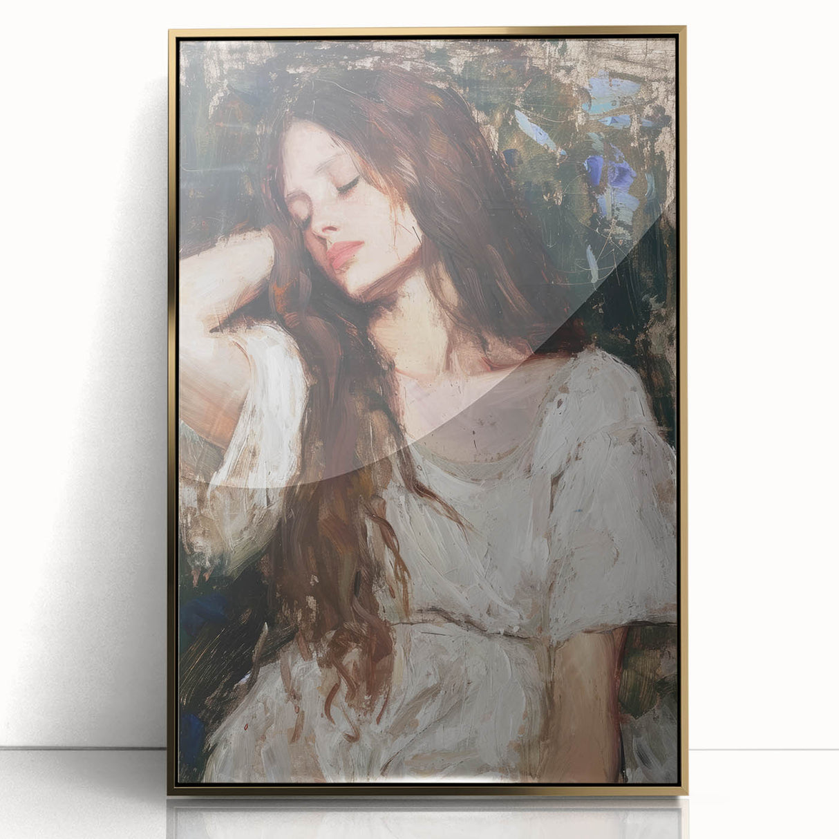 Framed abstract figurative art piece in gold tones, showcasing a modern design with fluid shapes and textures, perfect for contemporary home decor.