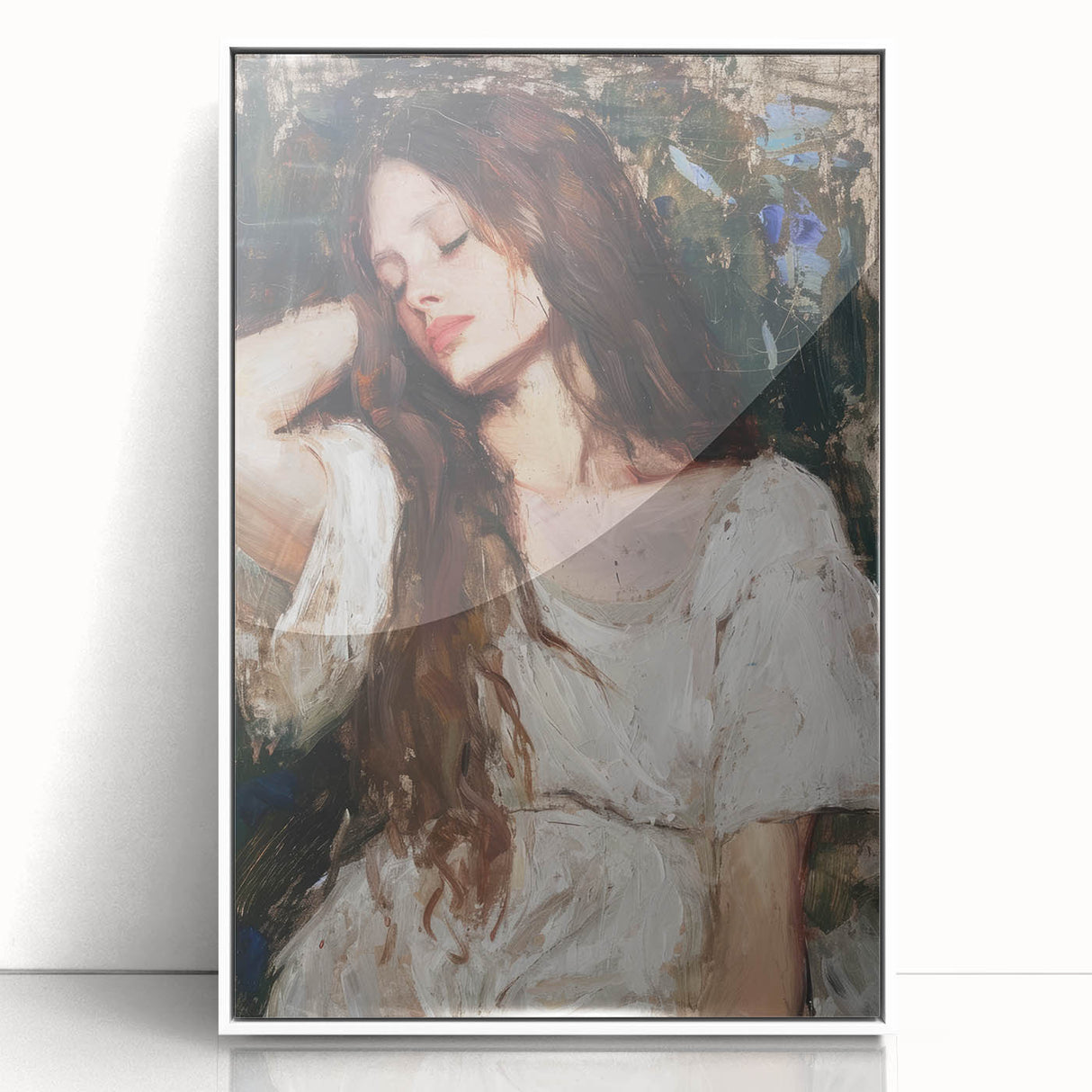 Framed acrylic artwork showcasing an abstract figurative design in vibrant colors, featuring a sleek white frame, perfect for modern home decor and art enthusiasts.