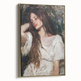 Abstract figurative art print framed in gold, showcasing vibrant colors and intricate details, perfect for modern home decor or artistic settings.