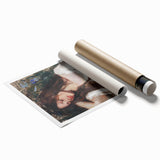Abstract figurative rolled print showcasing vibrant colors and dynamic shapes, packaged securely in a cardboard tube for easy transport and display.