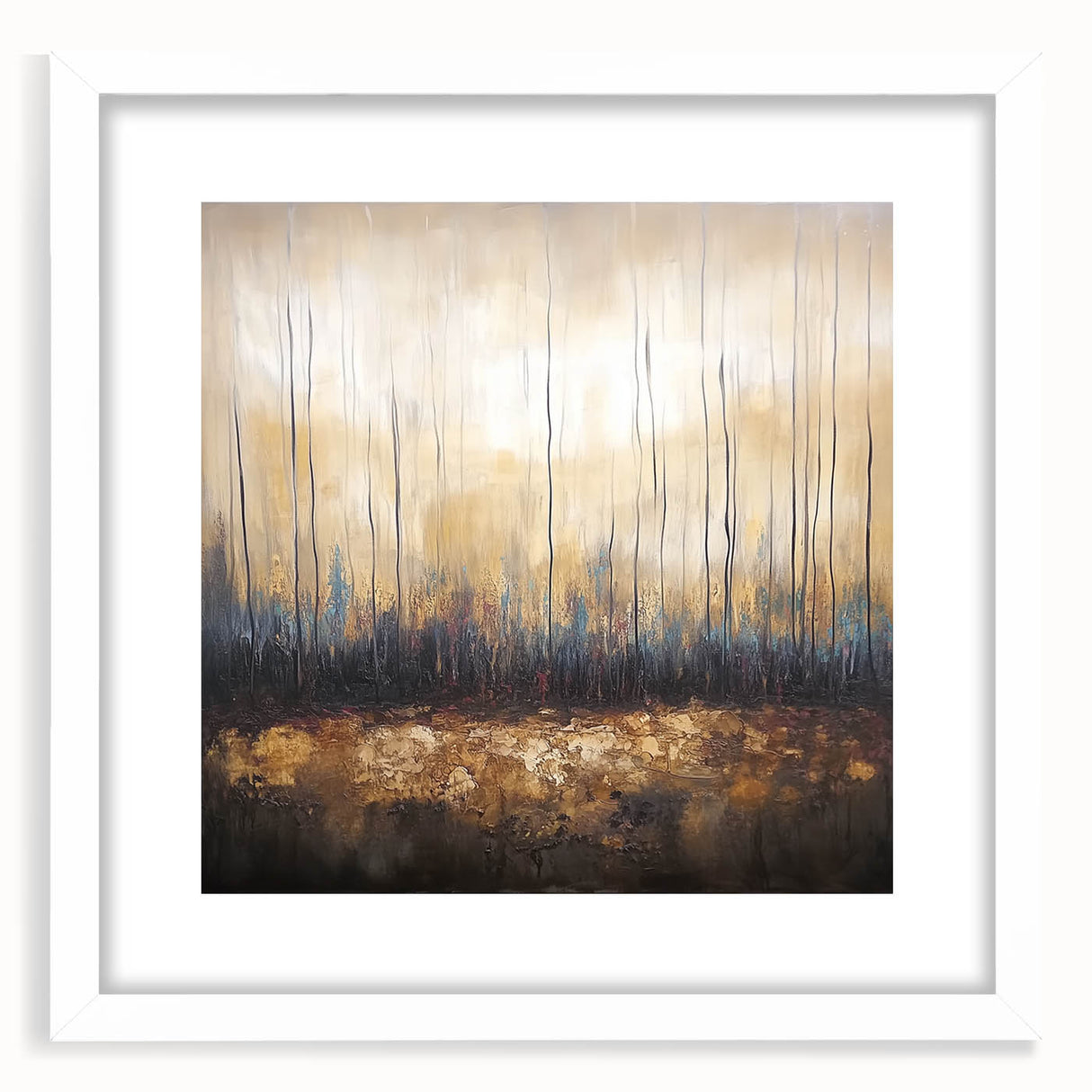Abstract floral artwork framed in white matting, showcasing vibrant colors and intricate patterns, perfect for home decor and modern interior design.