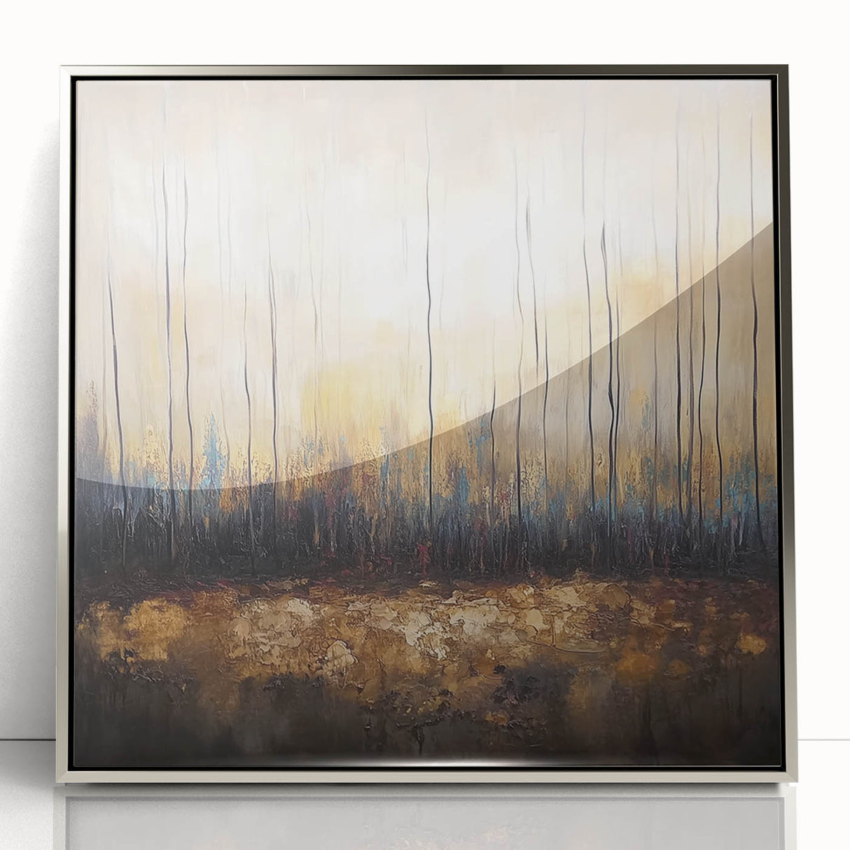 Framed acrylic artwork showcasing a vibrant abstract floral design in silver tones, artfully arranged to enhance modern home decor. This piece adds elegance and color to any interior space.