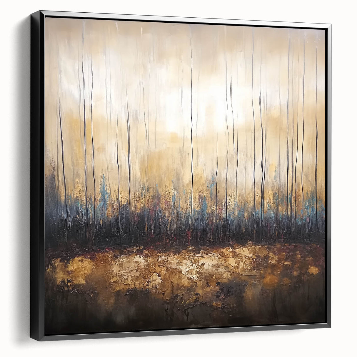 Framed abstract floral canvas art with a black frame, showcasing vibrant colors and intricate details, perfect for modern home decor. Ideal for enhancing living spaces or offices.