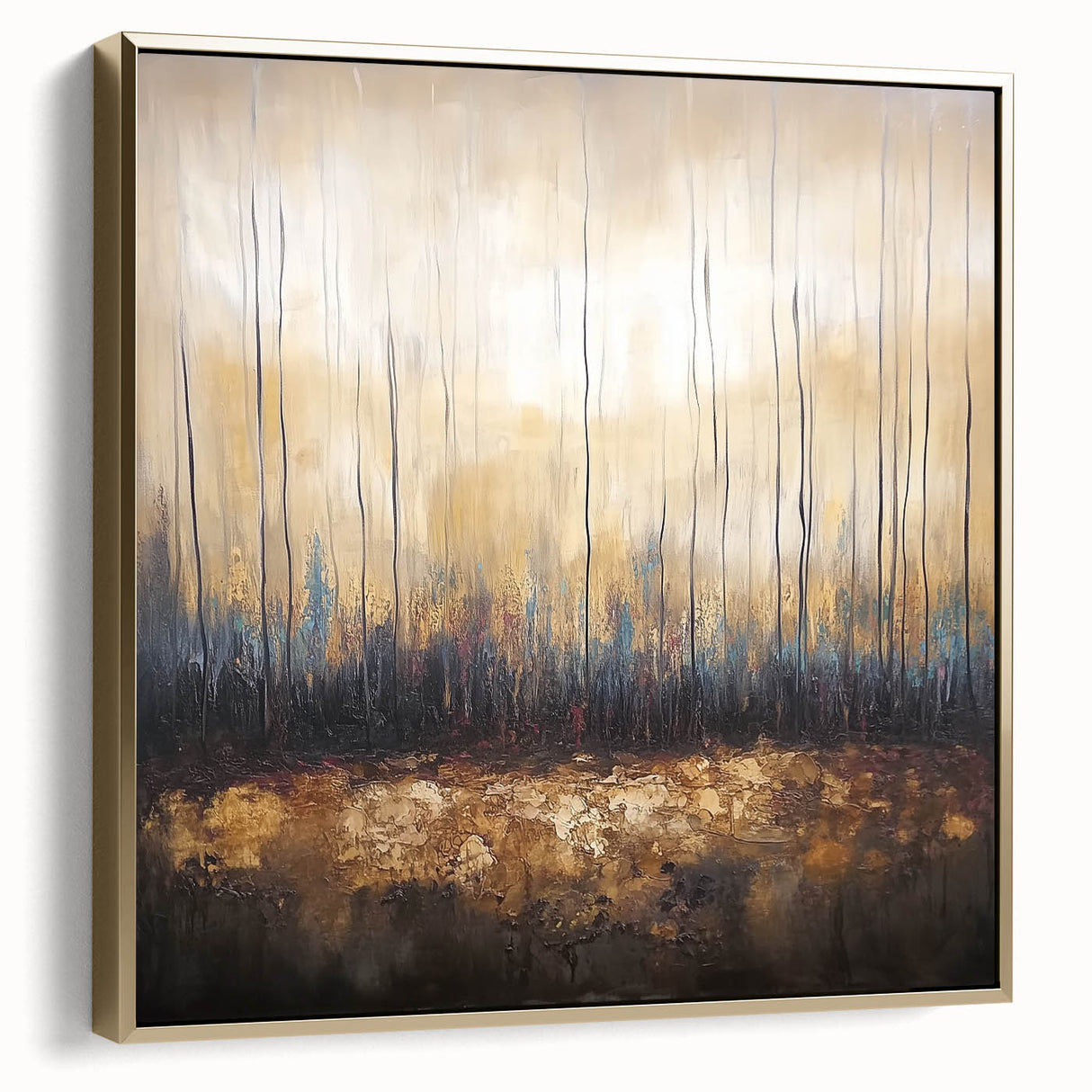 Framed canvas artwork featuring an abstract floral design in silver and gold tones, perfect for modern home decor or office settings. The elegant composition adds a touch of sophistication to any space.
