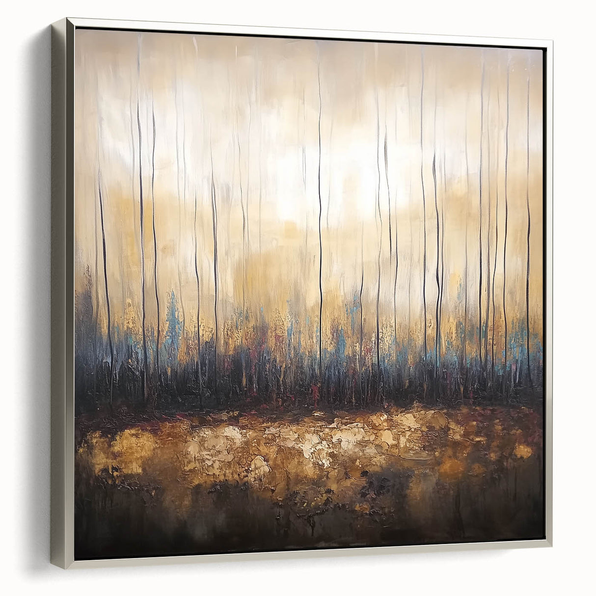 Abstract floral framed canvas artwork showcasing delicate silver accents and vibrant colors, perfect for modern home decor. The piece is elegantly displayed from a side view, emphasizing its textured surface and refined aesthetic. Ideal for adding a touch of sophistication to any living space.
