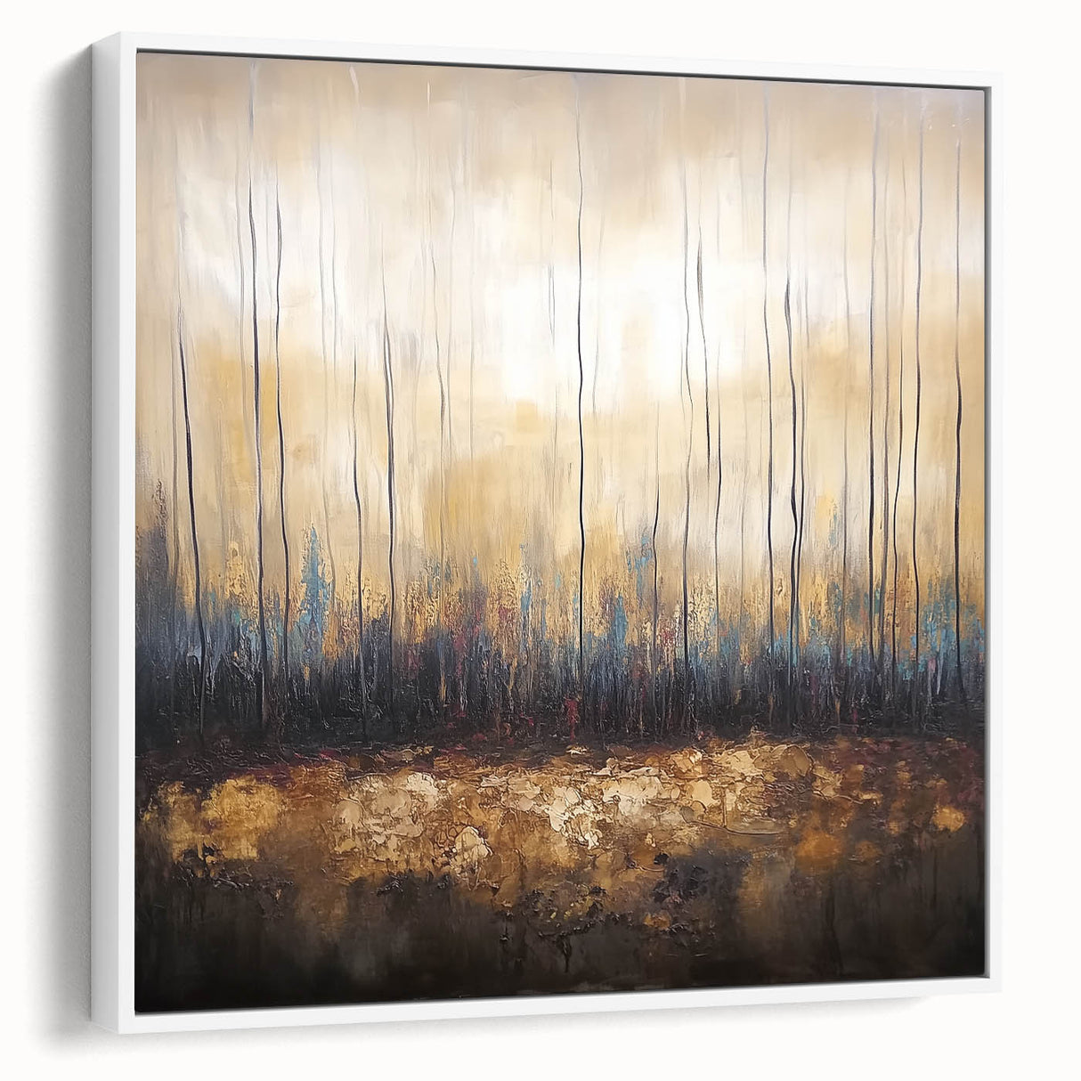 Framed abstract floral canvas artwork in a white frame, showcasing vibrant colors and intricate patterns, perfect for modern home décor or art enthusiasts.