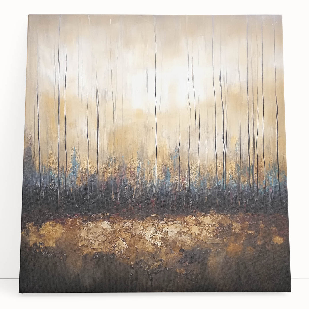 Abstract floral canvas artwork featuring vibrant colors and intricate designs, elegantly leaning against a wall in a modern decor setting, ideal for home decoration.
