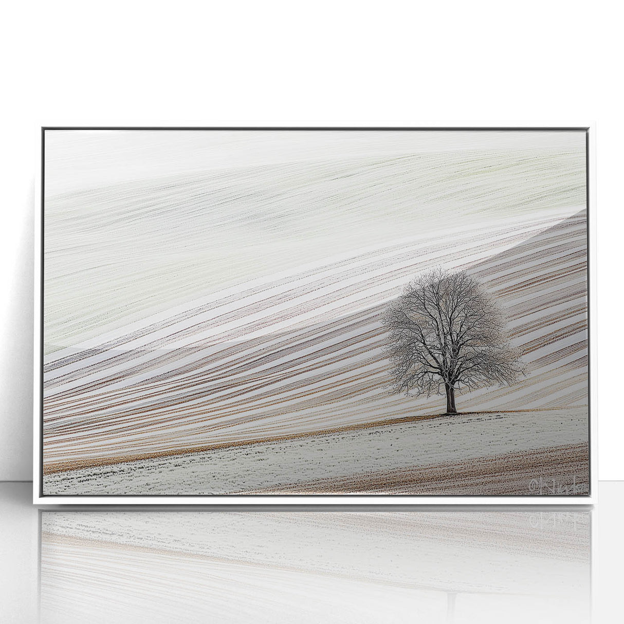 Framed acrylic artwork depicting an abstract landscape with soft pastel colors of blue, pink, and white, ideal for modern home decor. Perfect for adding a serene touch to living spaces.