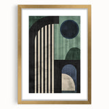 Abstract minimalist wall art framed in gold with a white mat, showcasing geometric shapes and soft colors, perfect for modern home decor.