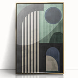 Abstract minimalist wall art framed in acrylic with a sleek gold finish, showcasing bold geometric patterns and a modern aesthetic, perfect for contemporary interiors.
